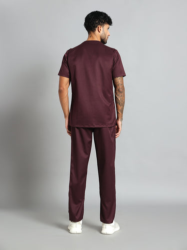 Stretchable (2Way) Men Wine Mandarin Neck With Straight Pant Scrub Set