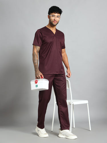 Stretchable (2Way) Men Wine V-Neck With Straight Pant Scrub Set