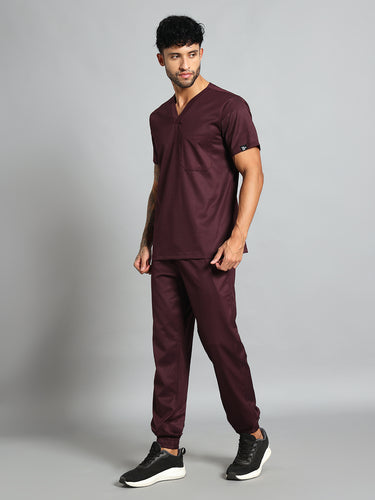 Stretchable (2Way) Men Wine V-Neck With Jogger Scrub Set