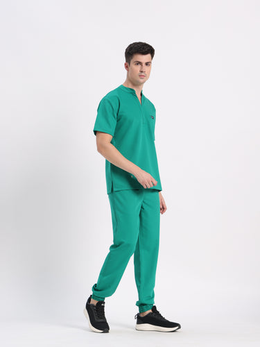 Stretchable (4Way) Male Sea Green Mandarin Neck with Jogger Scrub Set