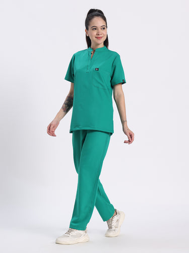 Stretchable (4Way) Female Sea Green Mandarin Neck With Straight Pant Set
