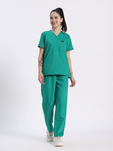 Stretchable (4Way) Female Sea Green V-Neck With Straight Pant Scrub Set