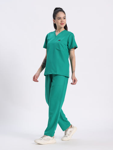 Stretchable (4Way) Female Sea Green V-Neck With Straight Pant Scrub Set