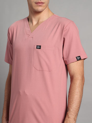 Stretchable (4Way) Men Dusty Pink V-Neck With Straight Pant Scrub Set