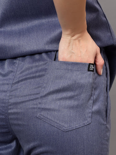 Stretchable (2Way) Female Denim Blue Texture Mandarin Neck With Jogger Scrub Set