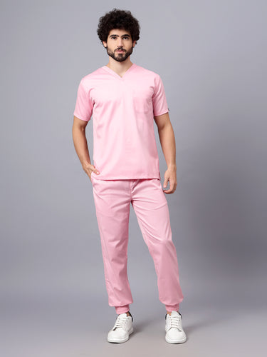 Stretchable (2Way) Male Powder Pink V-Neck With Jogger Scrub Set