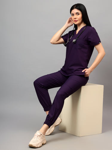 Stretchable (4Way) Female Violet V-Neck With Jogger Scrub Set