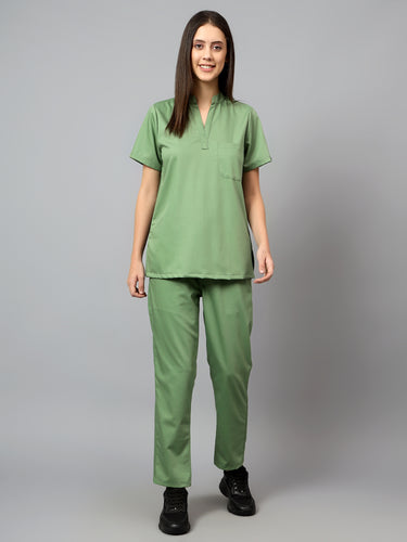 Stretchable (2Way) Female Pista Green Mandarin Neck With Straight Pant Scrub Set