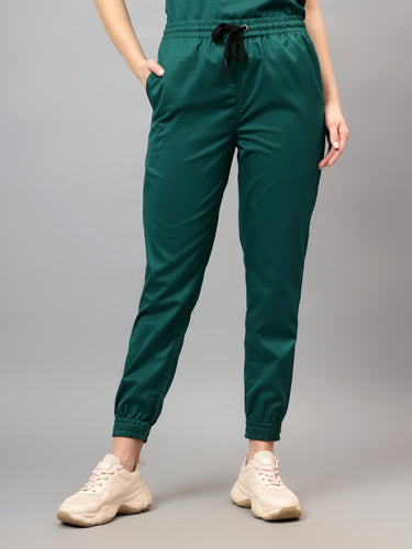 Stretchable (2Way) Female Hunter Green Mandarin Neck With Jogger Scrub Set