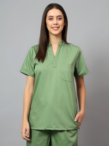 Stretchable (2Way) Female Pista Green Mandarin Neck With Straight Pant Scrub Set