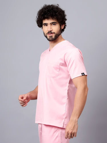 Stretchable (2Way) Male Powder Pink V-Neck With Jogger Scrub Set
