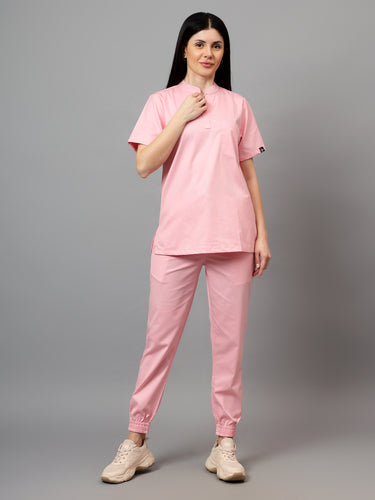 Stretchable (2Way) Female Powder Pink Mandarin Neck With Jogger Scrub Set