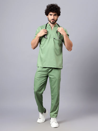 Stretchable (2Way) Male Pista Green Mandarin Neck With Straight Pant Scrub Set