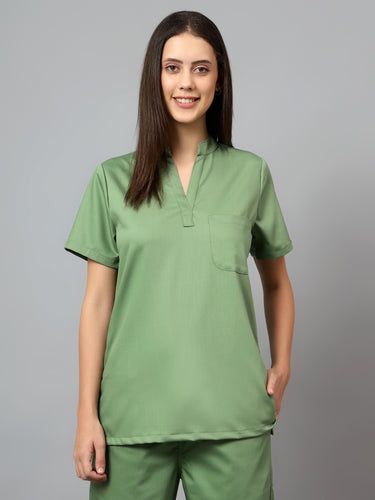 Stretchable (2Way) Female Pista Green Mandarin Neck With Jogger Scrub Set