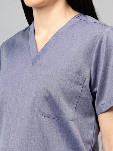 Stretchable (2Way) Female Denim Blue Texture V-Neck With Jogger Scrub Set
