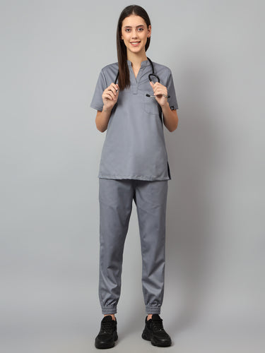 Stretchable (2Way) Female Graphite Mandarin Neck With Jogger Scrub Set