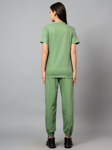 Stretchable (2Way) Female Pista Green Mandarin Neck With Jogger Scrub Set