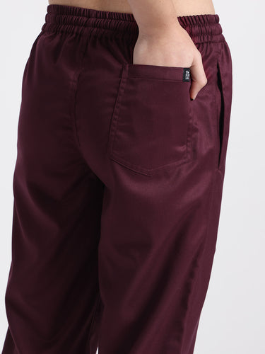 Stretchable (2Way) Female Wine Mandarin Neck With Jogger Scrub Set