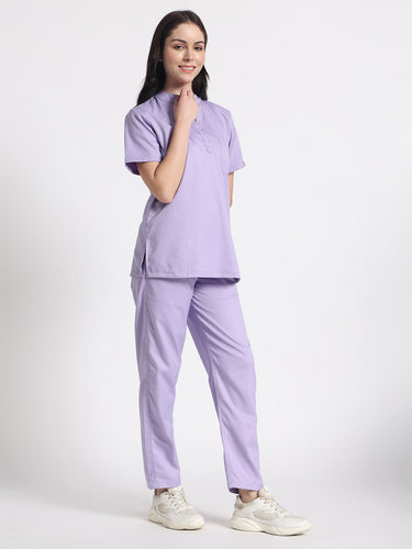 Stretchable (2Way) Female Lavender Mandarin Neck With Straight Pant Scrub Set