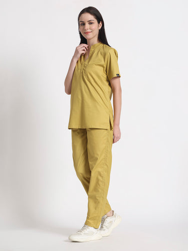 Stretchable (2Way) Female Mustard Mandarin Neck With Straight Pant Scrub Set