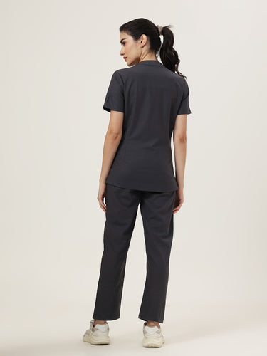 Stretchable (4Way) Female Charcoal Grey Mandarin Neck With Straight Pant Set