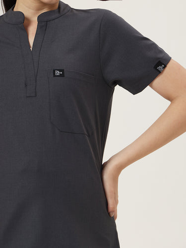 Stretchable (4Way) Female Charcoal Grey Mandarin Neck With Straight Pant Set