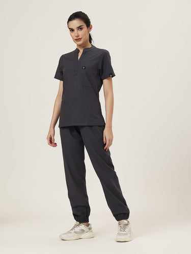 Stretchable (4Way) Female Charcoal Grey Mandarin Neck With Jogger Scrub Set