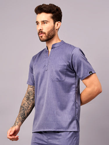 Stretchable (2Way) Male Denim Blue Texture Mandarin Neck With Jogger Scrub Set