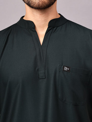 Stretchable (4Way) Male Mid Night Green Mandarin Neck with Straight Pant Scrub Set