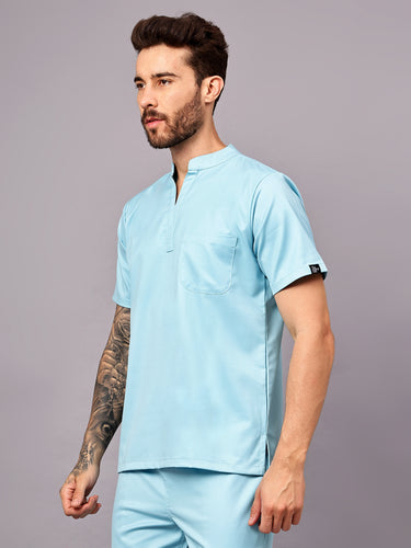 Stretchable (2Way) Male Aqua Blue Mandarin Neck With Straight Pant Scrub Set