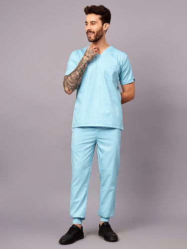 Stretchable (2Way) Male Aqua Blue V-Neck With Jogger Scrub Set