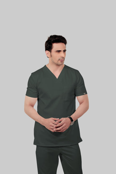 Stretchable (2Way) Male Bottle Green V-Neck With Straight Pant Scrub Set