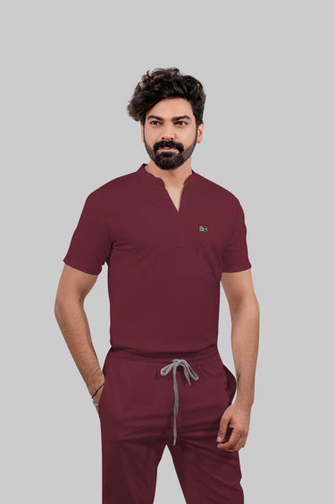 Stretchable (4Way) Male Burgundy Mandarin Neck with Straight Pant Scrub Set