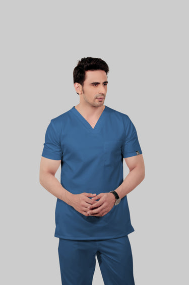 Stretchable (2Way) Male Steel Blue V-Neck With Straight Pant Scrub Set