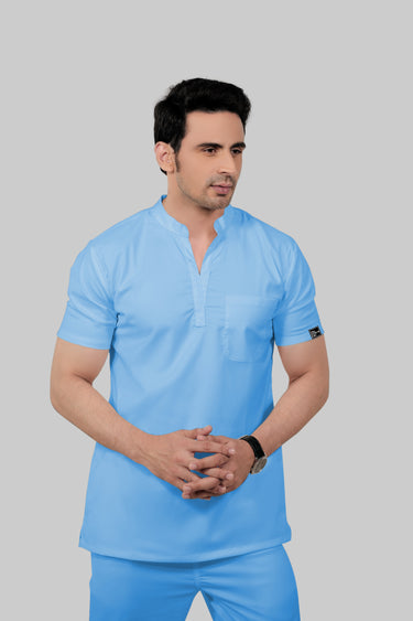 Stretchable (2Way) Male Light Blue Mandarin Neck With Jogger Scrub Set