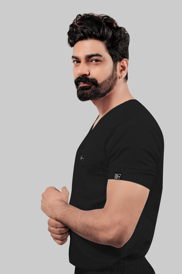 Stretchable (4Way) Male Black V-Neck With Jogger Scrub Set