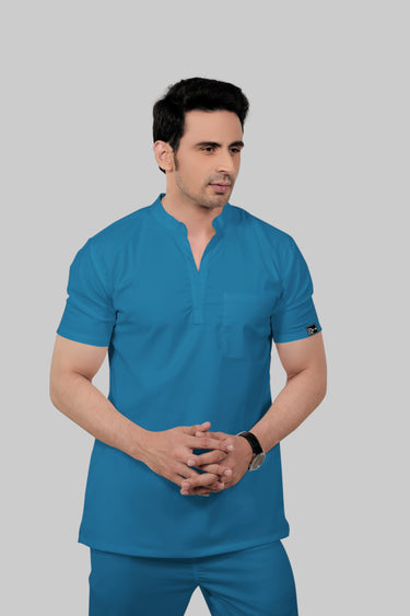 Stretchable (2Way) Male Peacock Blue Mandarin Neck With Jogger Scrub Set