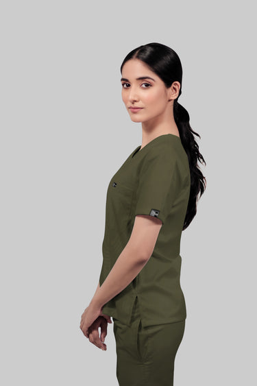 Stretchable (4Way) Female Olive Green V-Neck Scrub Top