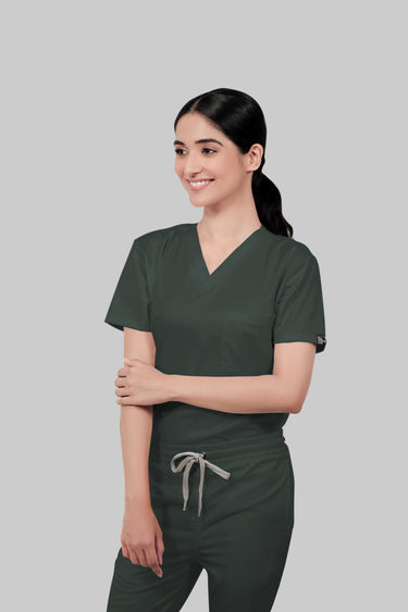 Stretchable (2Way) Female Bottle Green V-Neck With Straight Pant Scrub Set