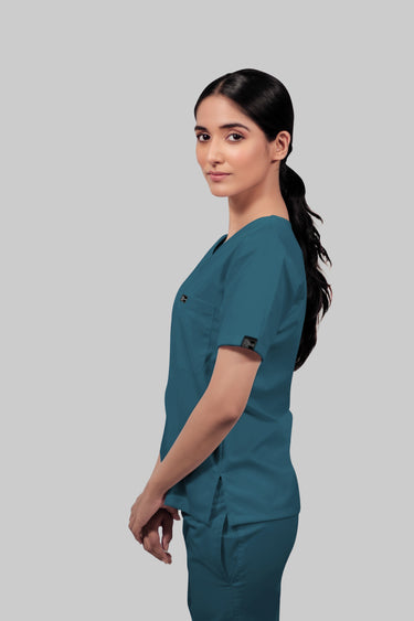Stretchable (4Way) Female Peacock Blue V-Neck Scrub Top
