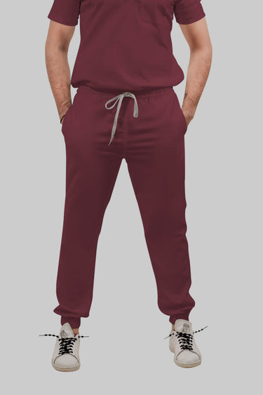 Stretchable (4Way) Female Burgundy Mandarin Neck With Jogger Scrub Set