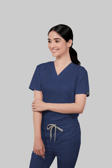 Stretchable (2Way) Female Navy Blue V-Neck With Straight Pant Scrub Set