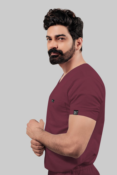 Stretchable (4Way) Male V-Neck Burgundy Scrub Top