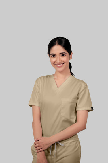 Stretchable (4Way) Female Beige V-Neck With Straight Pant Scrub Set