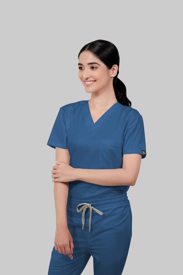 Stretchable (2Way) Female Steel Blue V-Neck With Straight Pant Scrub Set