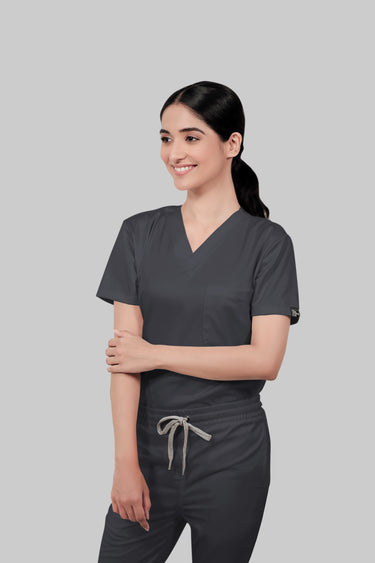Stretchable (2Way) Female Dark Gray V-Neck With Straight Pant Scrub Set