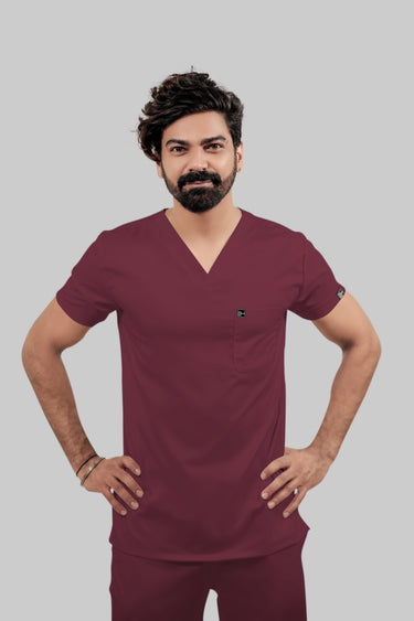 Stretchable (4Way) Male Burgundy V-Neck With Straight Pant Scrub Set