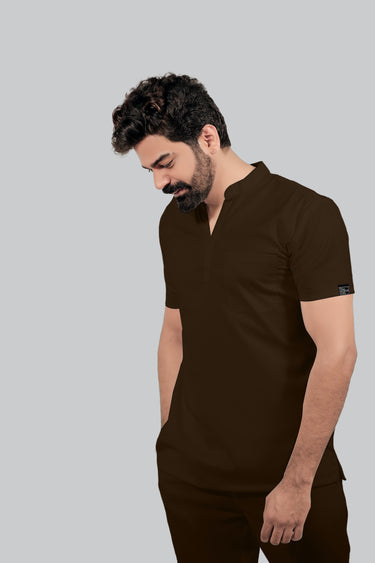 Stretchable (4Way) Male Brown Mandarin Neck Scrub Top
