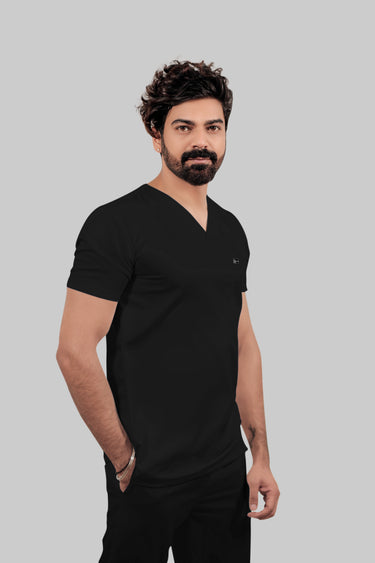 Stretchable (4Way) Male Black V-Neck With Straight Pant Scrub Set