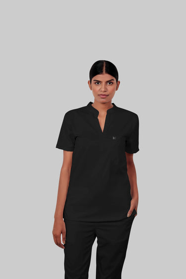 Stretchable (4Way) Female Black Mandarin Neck Scrub Top